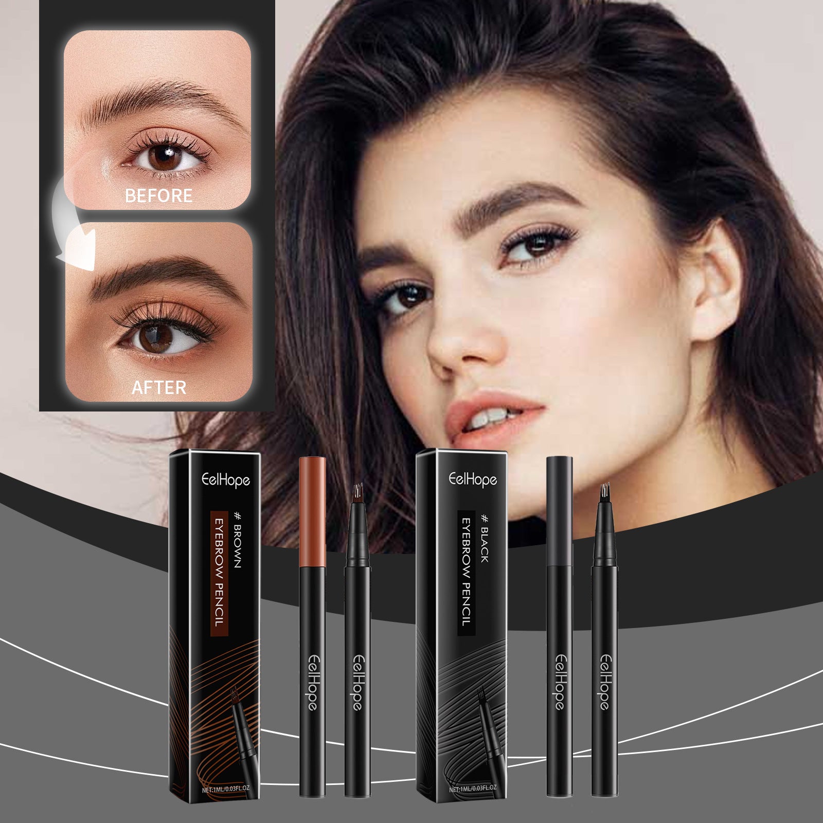 Catrice eyebrow products with a model's face and before/after comparison on a gray background