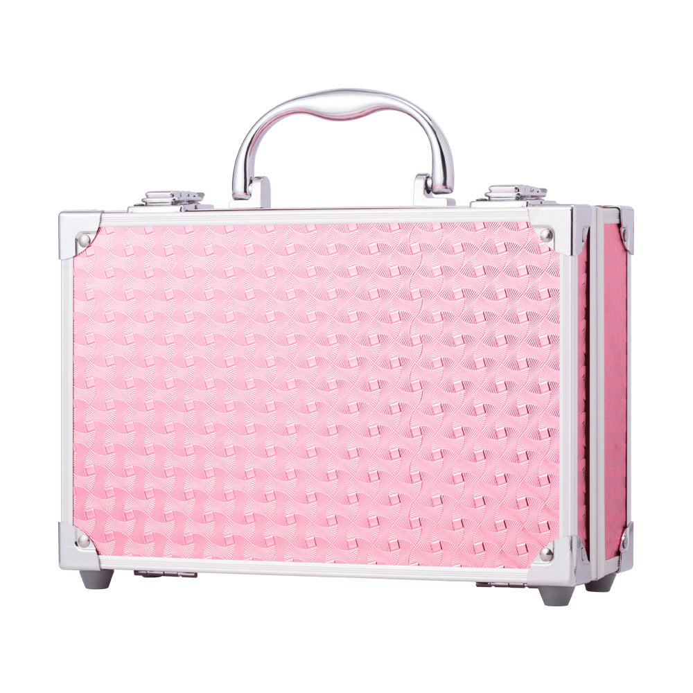 Pink makeup case with bow pattern on a white background