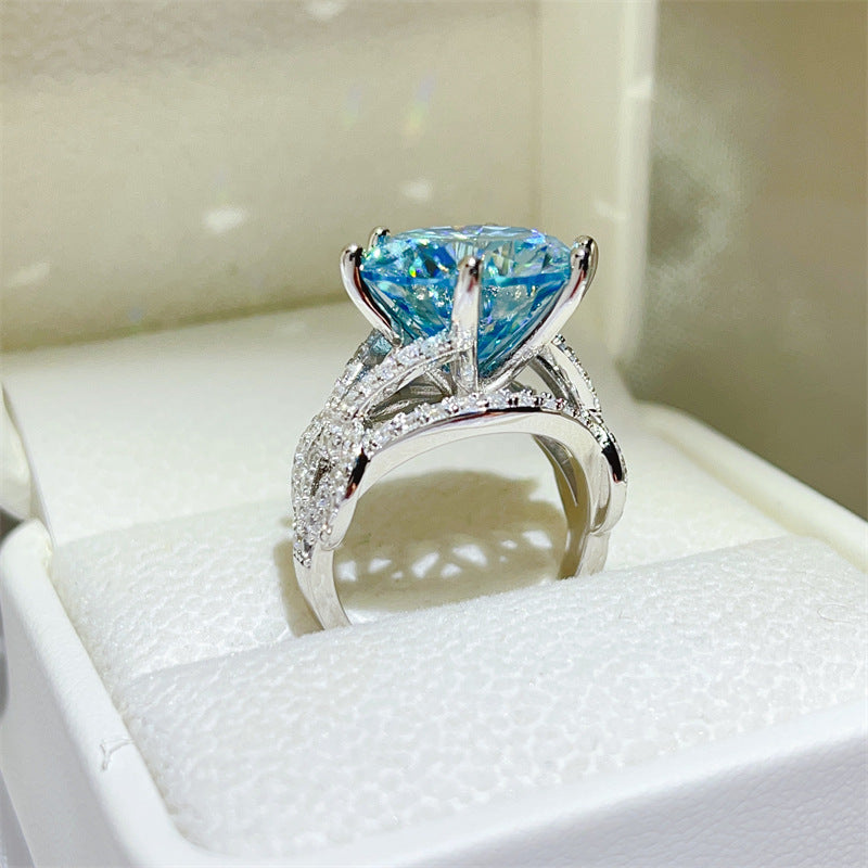 10 Karat Blue Moissanite Luxury Full Diamond Female Ring with U-shaped geometric design in silver setting