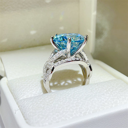 10 Karat Blue Moissanite Luxury Full Diamond Female Ring with U-shaped geometric design in silver setting
