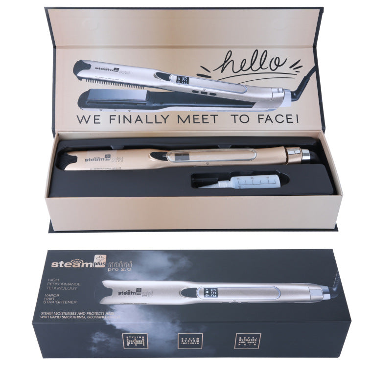 Hair straightener in open packaging with 'hello' and product description text, displayed on a white background.