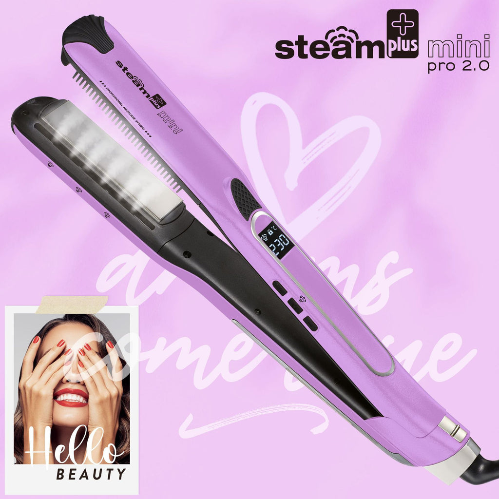 Purple and black hair straightener with digital display on a pink background, featuring the Steam Plus logo.
