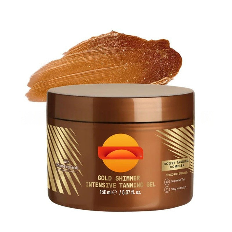 Jar of Gold Shimmer Intensive Tanning Gel with a swatch on top, featuring a brand logo.