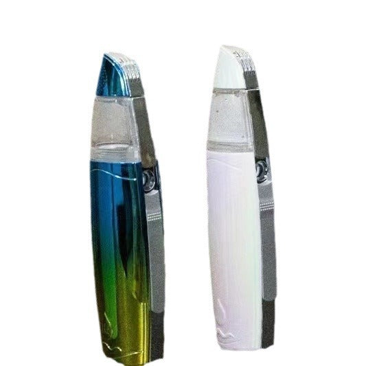 Two bottles, one blue and one white, with a silver cap on a white background