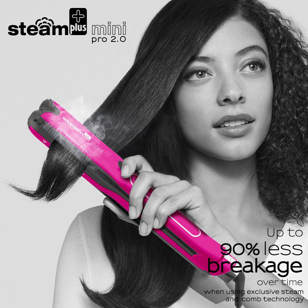 Woman using a pink hair straightener with Steam Plus branding on a gray background
