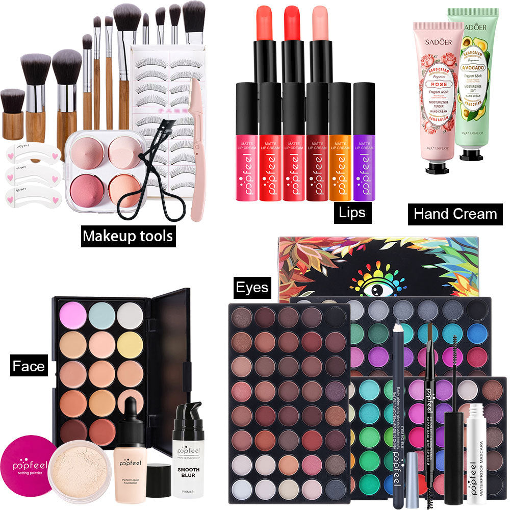 Collage of makeup products including brushes, lipsticks, hand cream, and palettes on a white background.