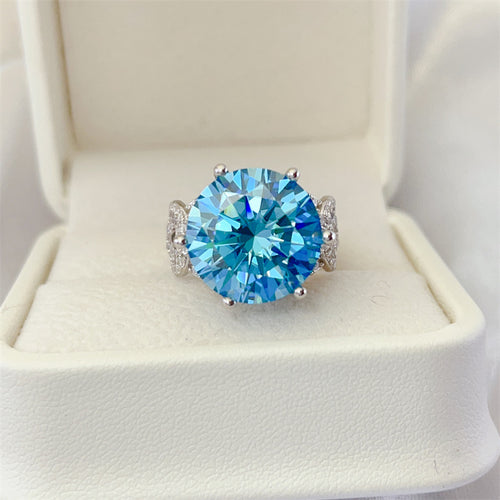 10 Karat Blue Moissanite Luxury Full Diamond Female Ring with large blue gemstone and diamond accents in white box