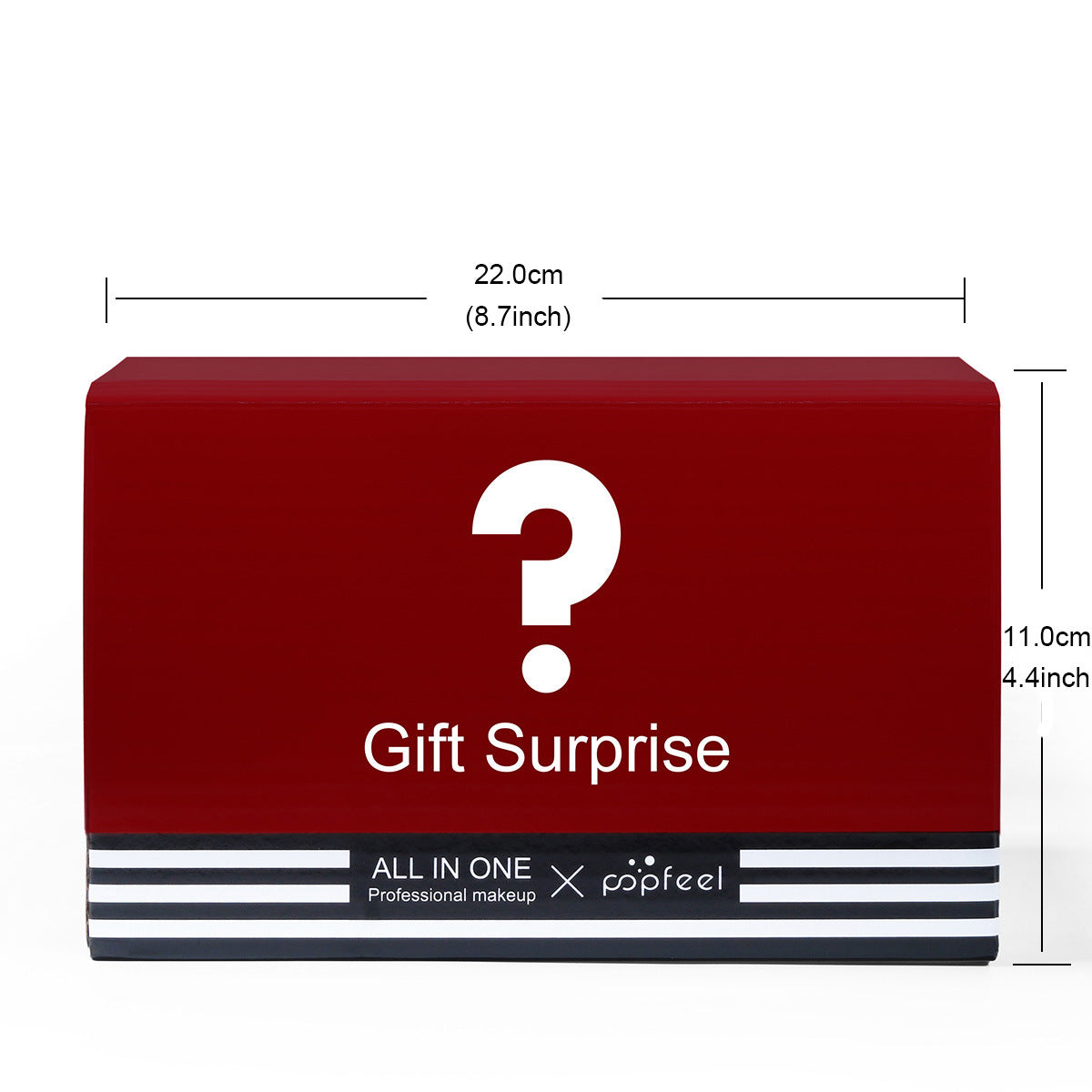 Red gift box with a question mark and 'Gift Surprise' text, featuring Ooffeel branding, with dimensions indicated.