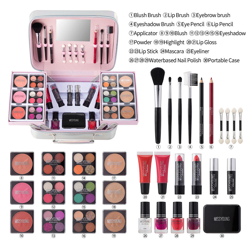 MissYoung makeup set with tools and products in a pink case, labeled with their names.