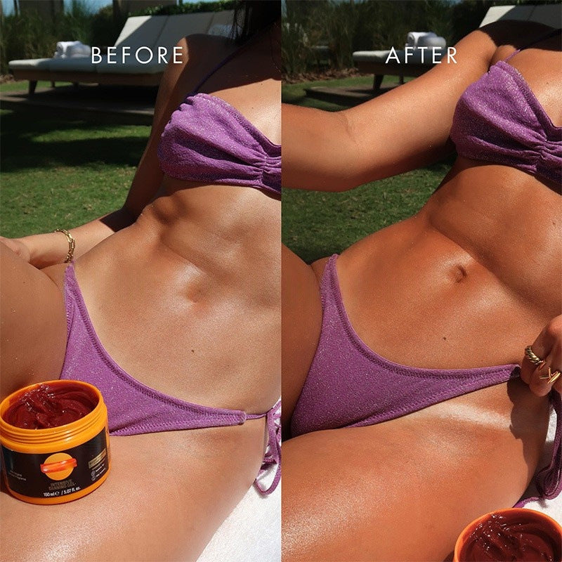 Before and after comparison of a person applying a sun tan lotion to their skin.
