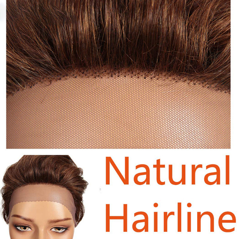Close-up of hairline with a natural hairline label and a person wearing a wig with a similar hairline.