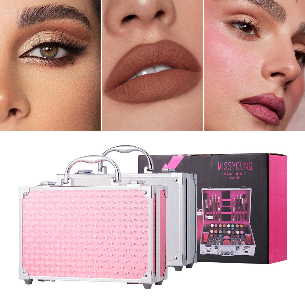 Makeup case with pink interior and exterior, featuring a makeup artist's tools, with close-up shots of eye, lip, and cheek makeup.