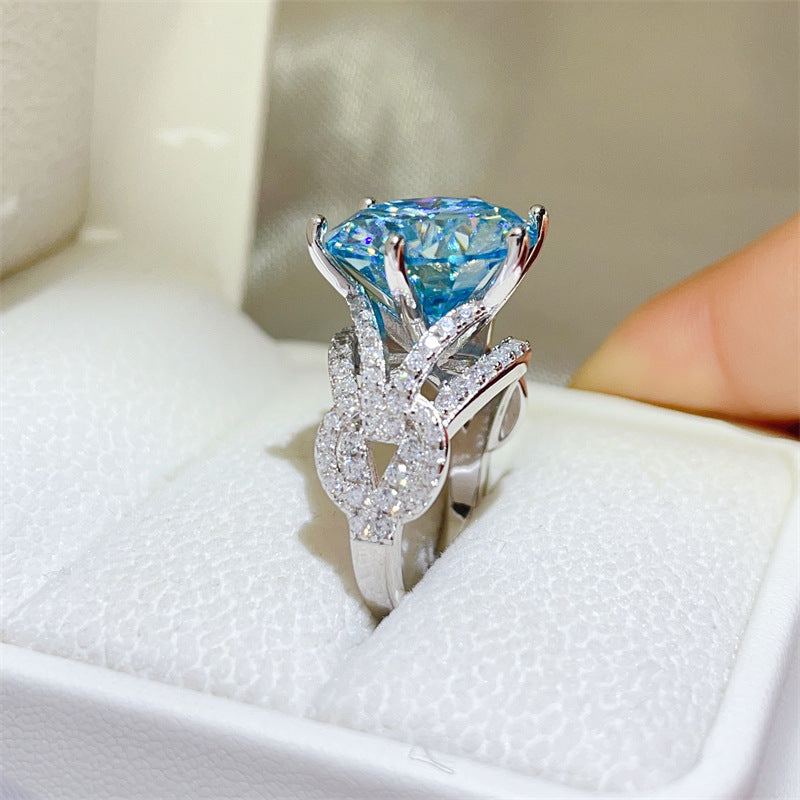 10 Karat Blue Moissanite Luxury Full Diamond Female Ring with U-shaped geometric design in silver setting