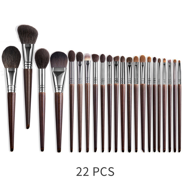 Set of 22 makeup brushes with brown handles and silver ferrules on a white background.