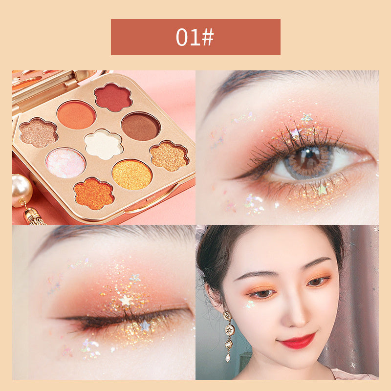 Makeup palette with eyeshadow shades and application on eyes, featuring a beige background.