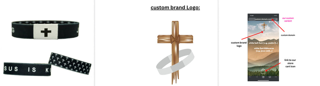 Bracelets with a brand logo, wooden cross, and smartphone with app interface.