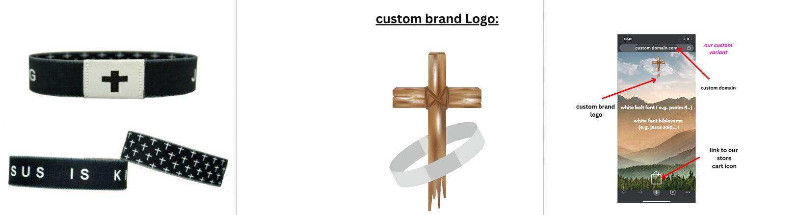 Bracelets with a brand logo, wooden cross, and smartphone with app interface.