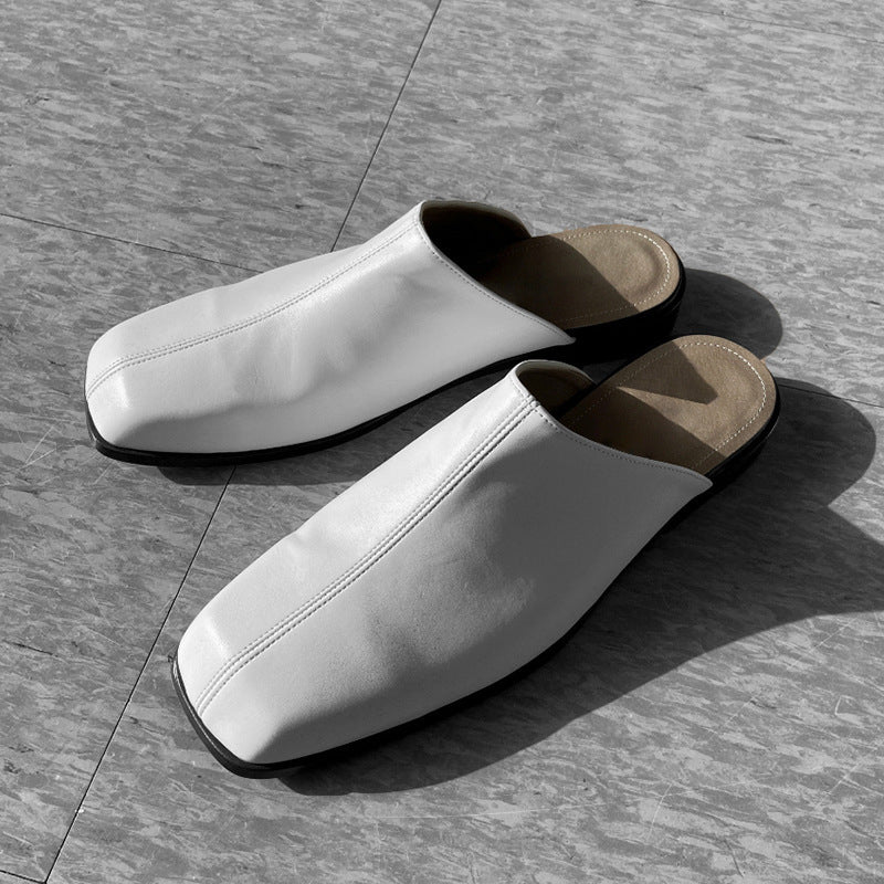 Men’s Square Toe PU Leather Slippers — Casual Flat Heel