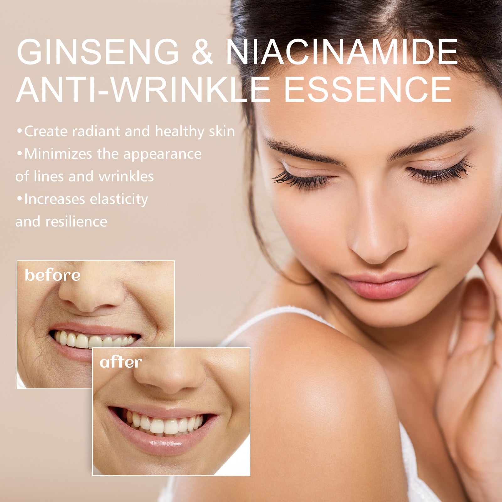 Advertisement for Ginseng & Niacinamide Anti-Wrinkle Essence with before and after effects on skin.