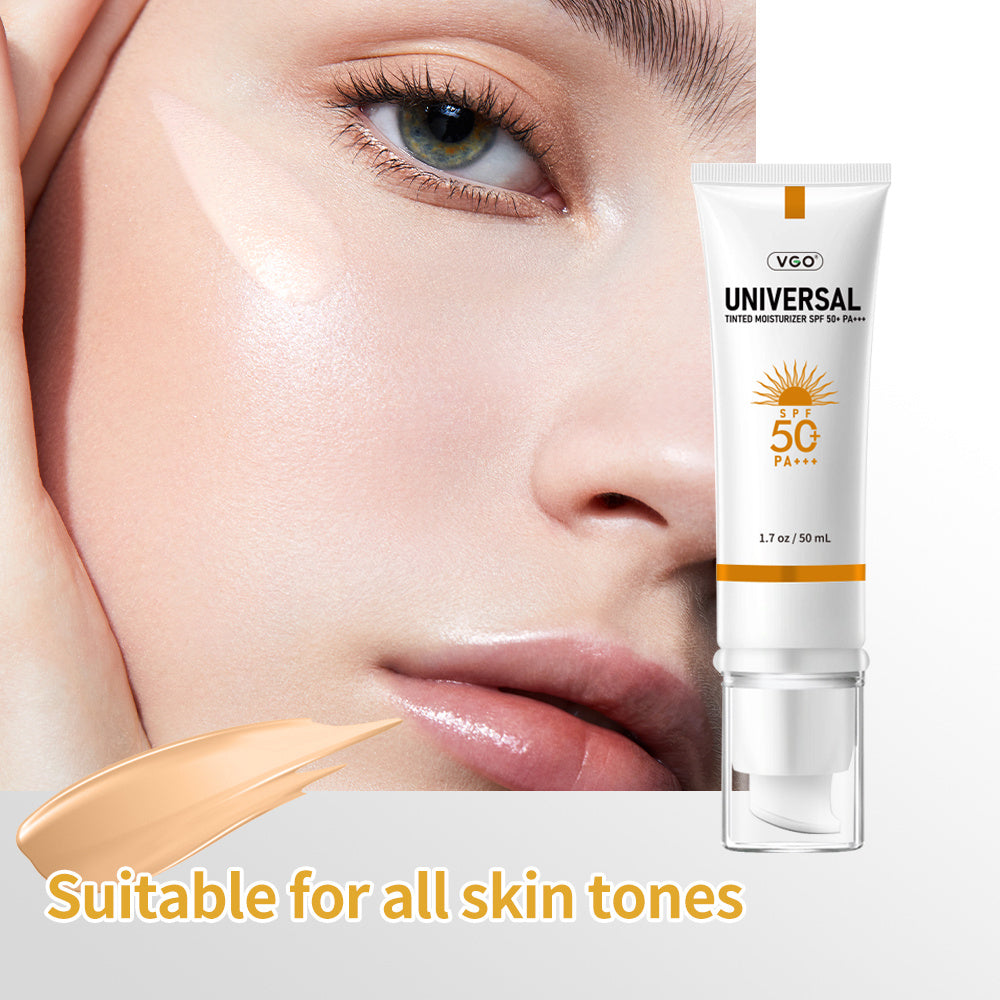 Sunscreen cream tube with applicator on a close-up of skin, suitable for all skin tones.