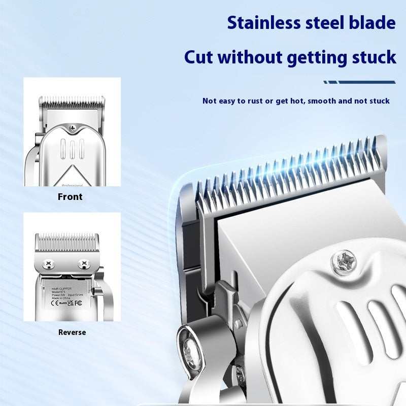 Hair clipper with stainless steel blade on a light blue background