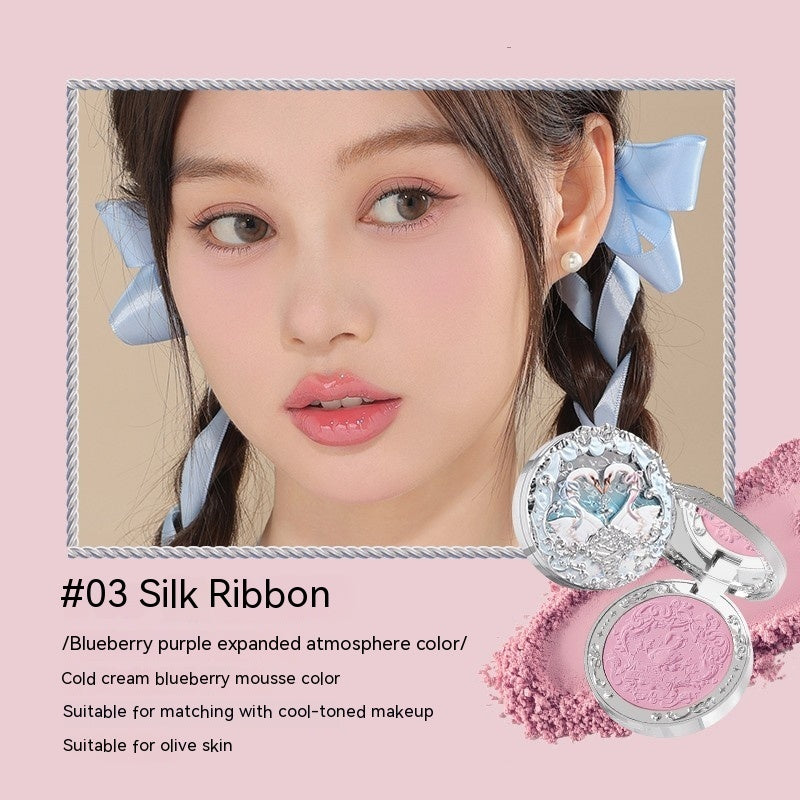 Close-up of a person wearing blue ribbon hair accessories with makeup products on a pink background.