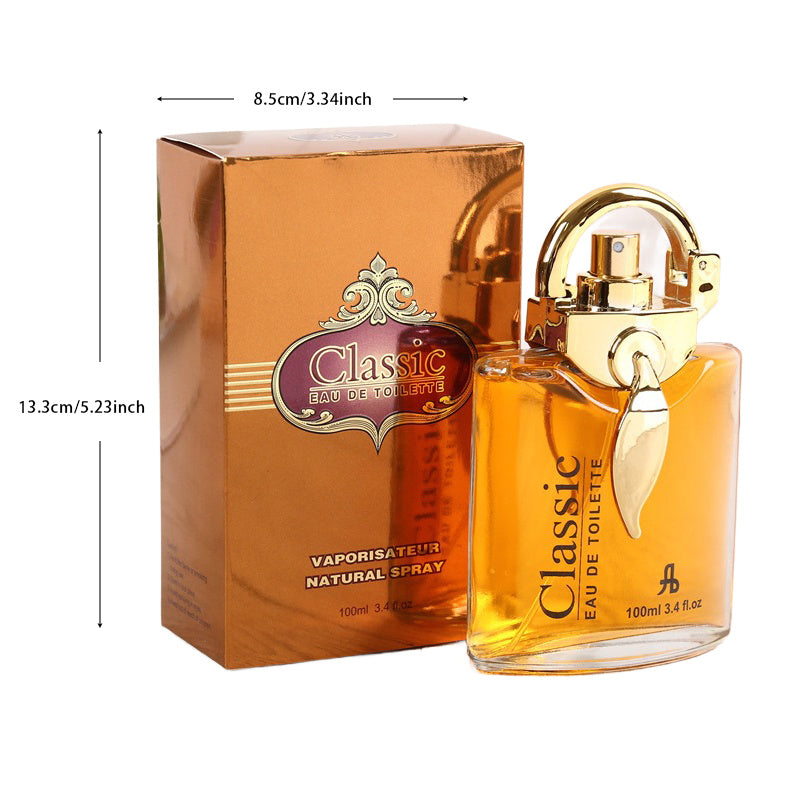 Perfume bottle and packaging with dimensions labeled