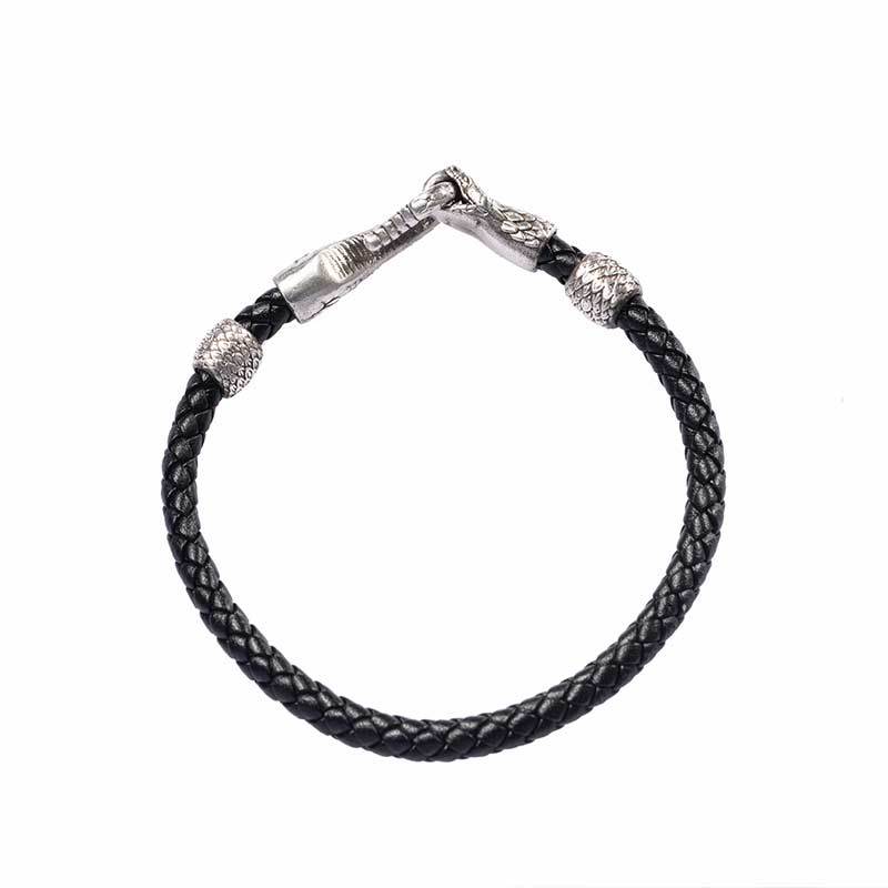 Black braided leather bracelet with silver clasp on a white background