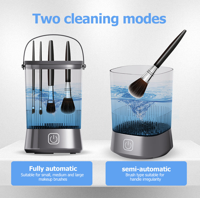 Makeup brush cleaning device with two cleaning modes on a white background