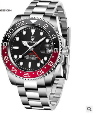Watch with a black and red face and silver metal strap on a white background