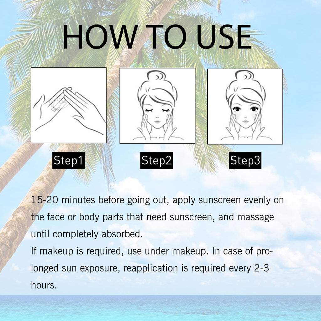 Instructions on how to use sunscreen with steps illustrated against a tropical background.