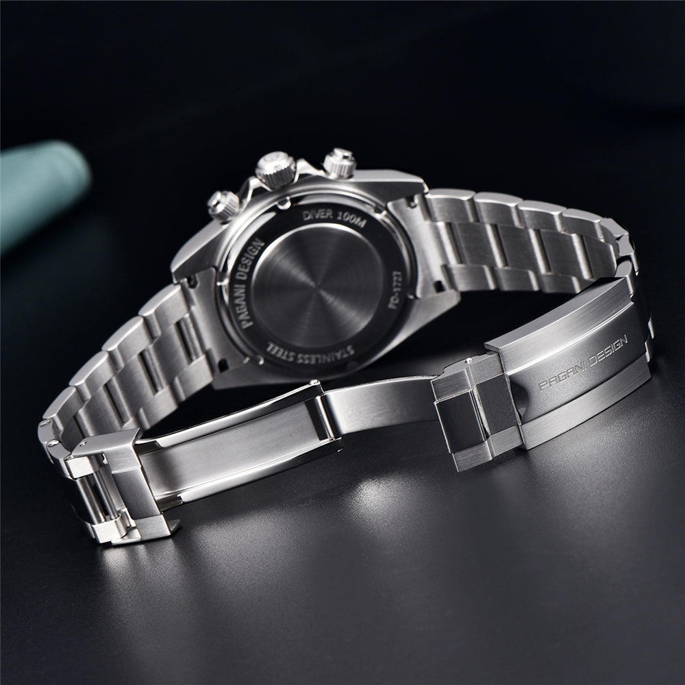 Silver watch with detailed design on a dark background