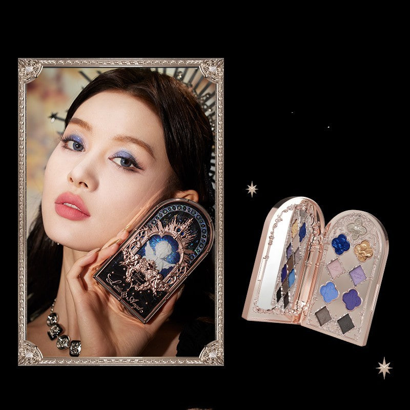 Makeup product with decorative design and a woman holding it, set against a black background.