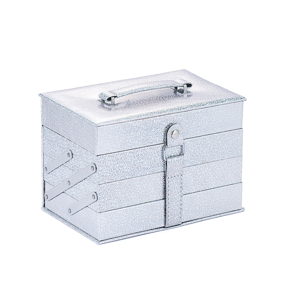 Silver glittery jewelry box with a handle on a white background