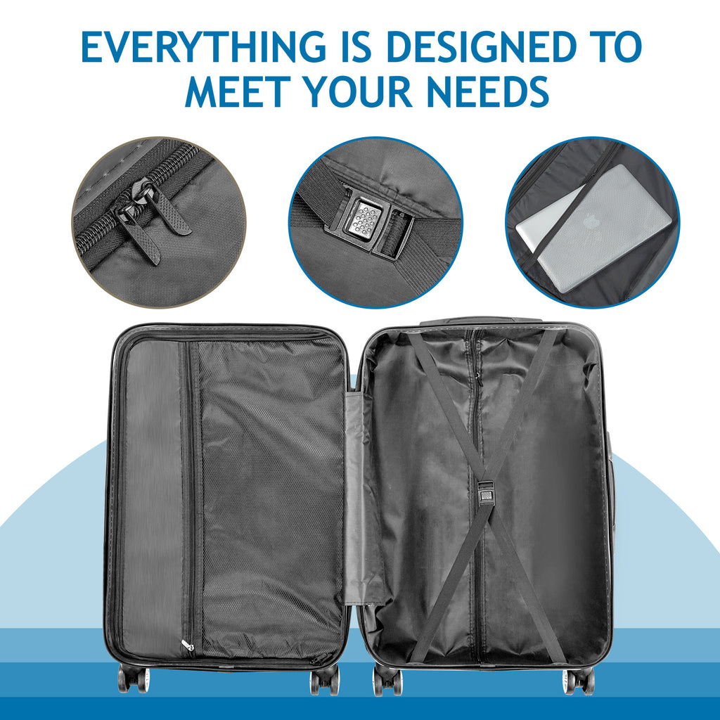Black suitcase with open compartments and close-up details on a blue and white background.