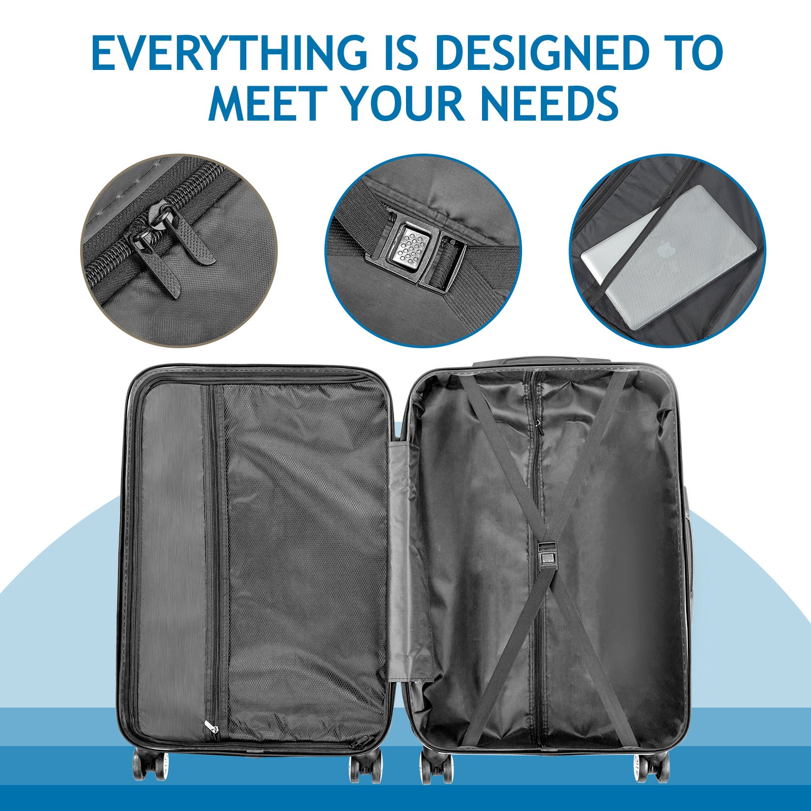 Black suitcase with open compartments and close-up details on a blue and white background.