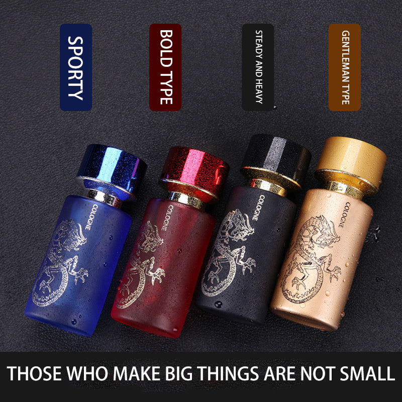 Four cologne bottles with different colored caps on a dark background, featuring text labels above each bottle.