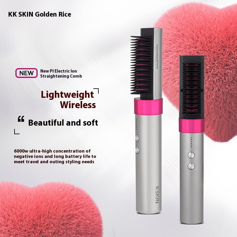 Electric hair straightening comb with pink bristle head on a white background, featuring text about its features.