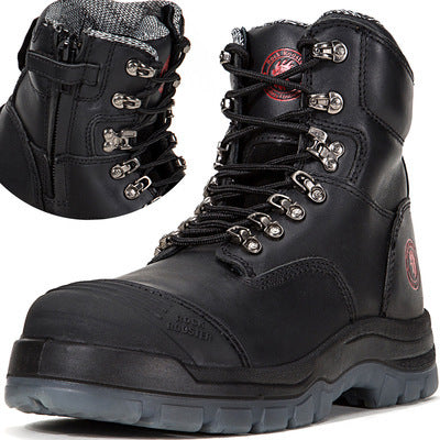 Black work boots with visible brand logo on a white background