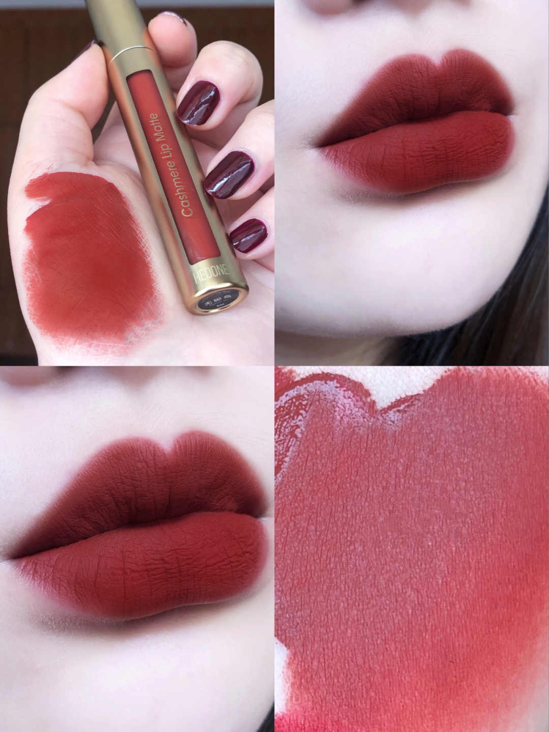 Collage of a red lipstick with swatches and application on lips.
