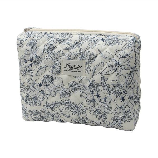 Floral patterned pouch with a visible brand label on a white background