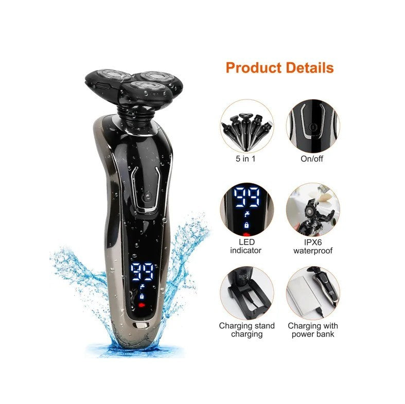 Electric shaver with product details on a white background