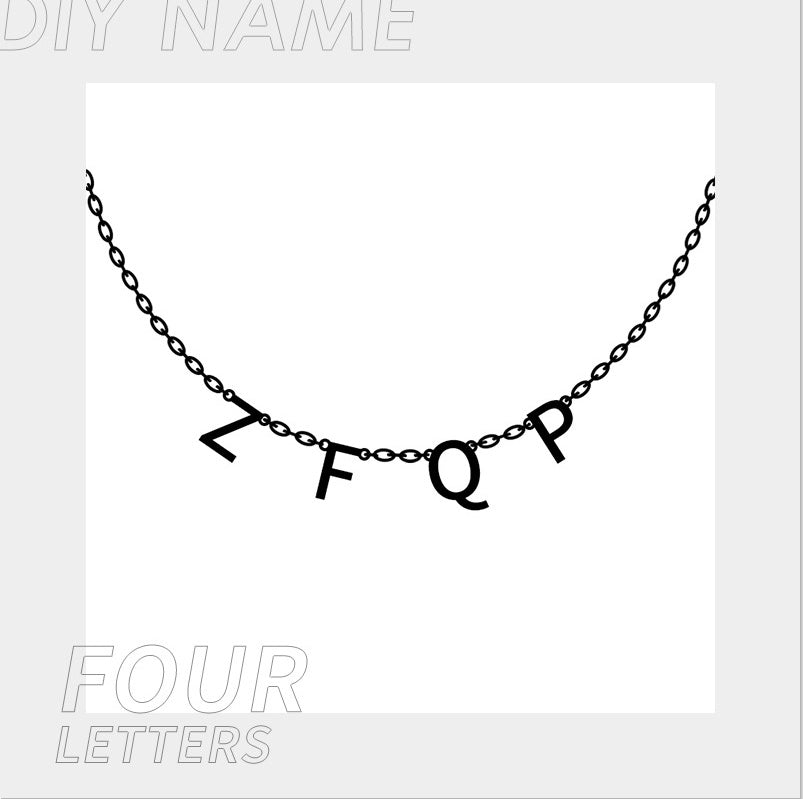 Necklace with four black letters on a white background