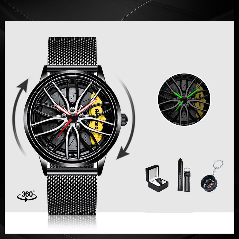 Black wristwatch with detailed design, including a wheel pattern, on a white background.