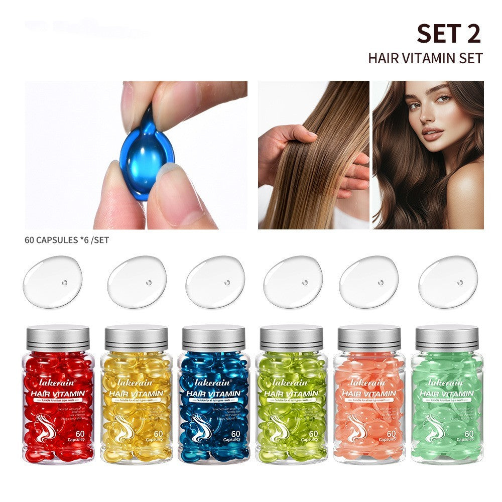 Hair vitamin set with colorful capsules and a woman with healthy hair.