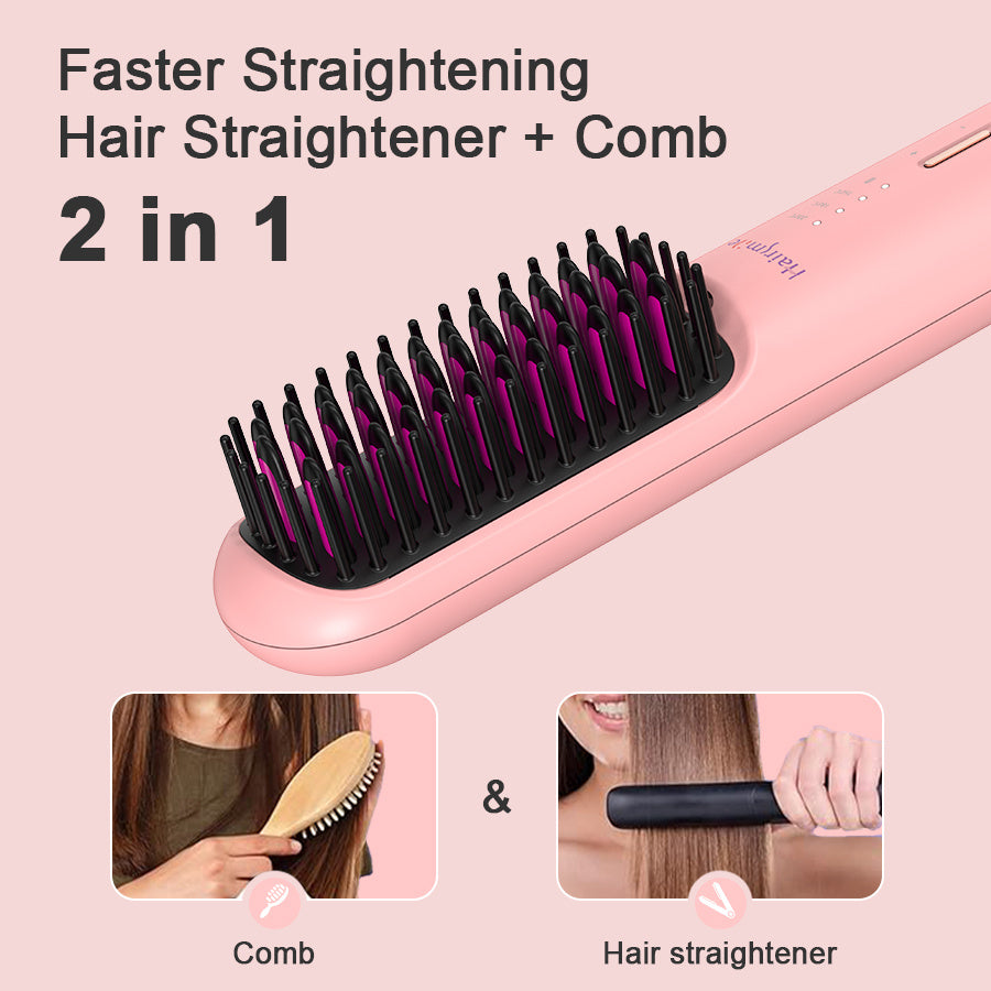 Pink hair straightening comb with text on a pink background