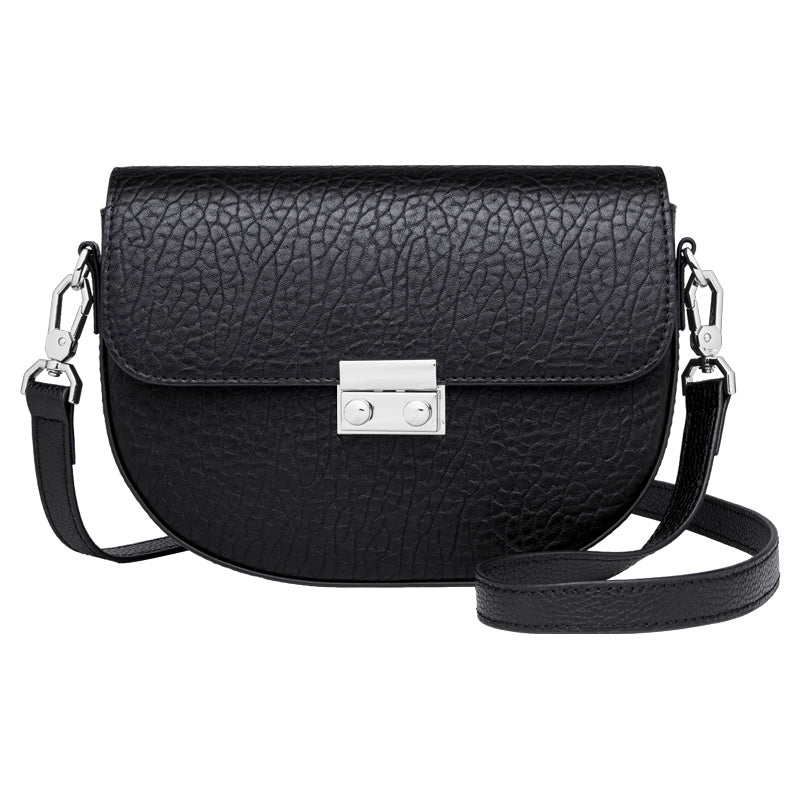 Black textured handbag with a silver clasp on a white background