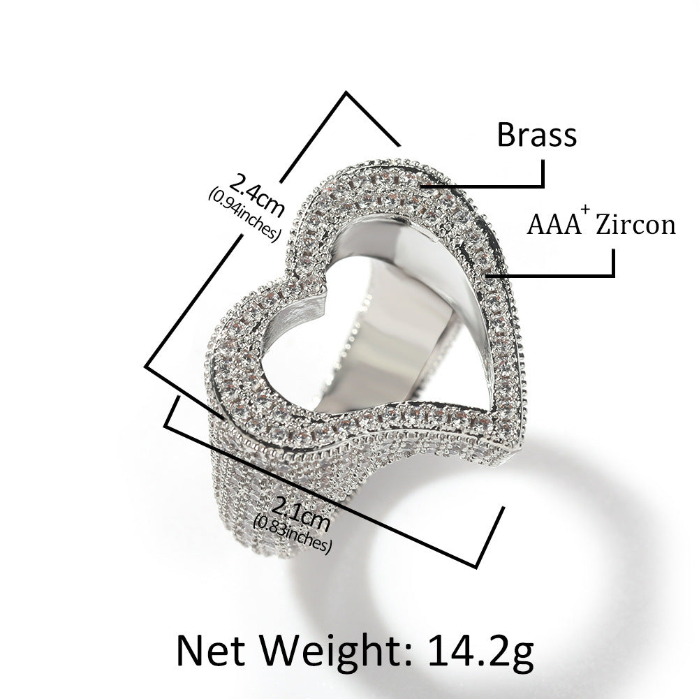 Heart-shaped ring with measurements and material labels on a white background