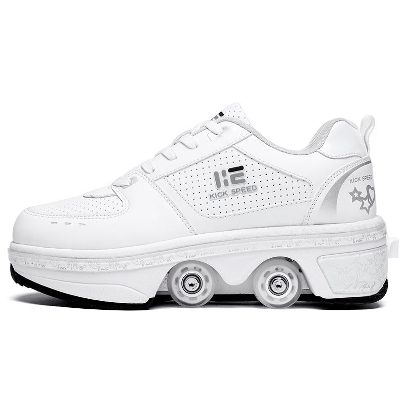 White sneaker with roller wheels on a white background