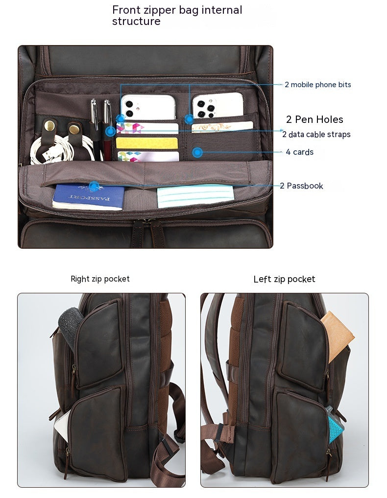 Backpack with labeled compartments and items inside, showing front zipper bag internal structure.
